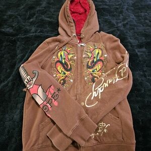 Ed Hardy Brown Hoodie with Red Hood Lining and Multicolor Dragon Accents